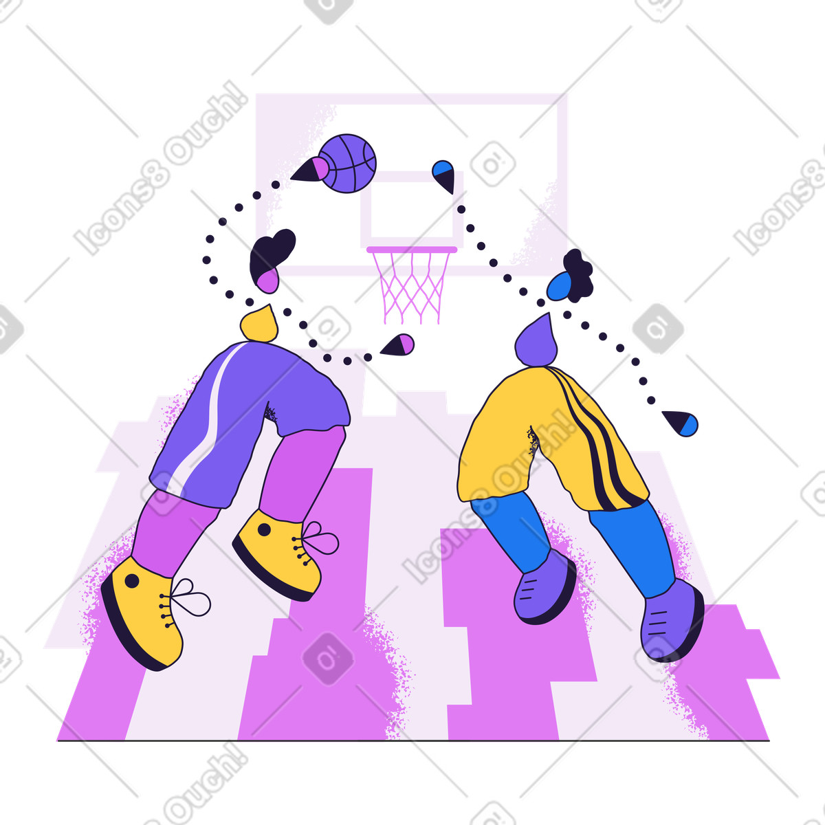 Zwei sportler spielen basketball mit lila ball-Illustration im Conifer-Stil als Download in PNG, SVG