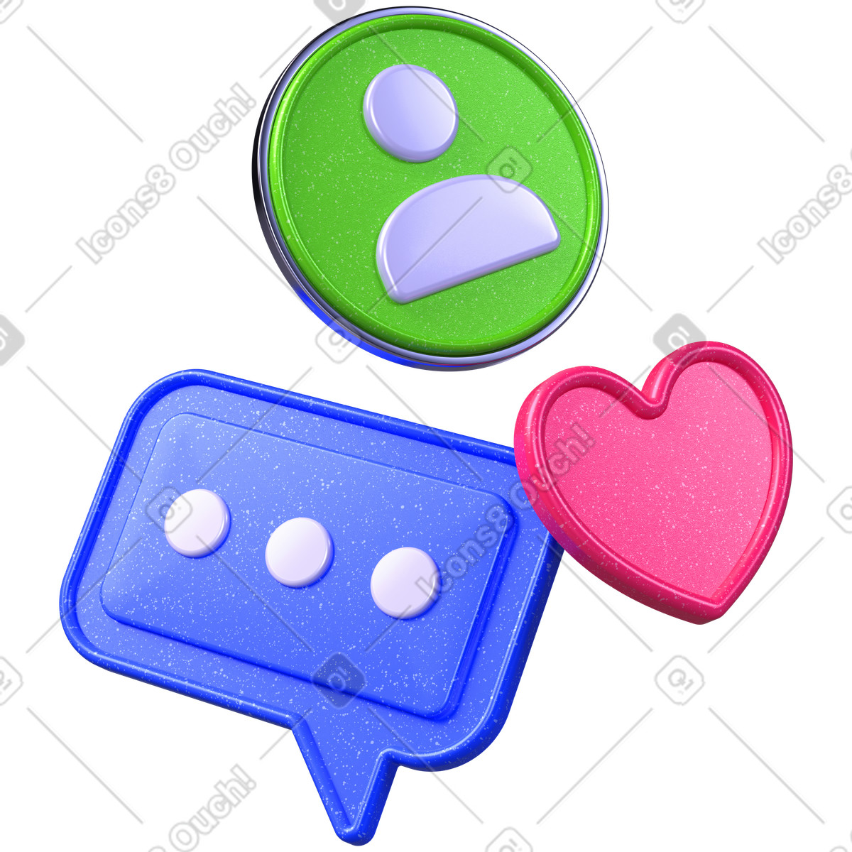 下载 3D Boost 风格的 Social engagement icons, User chat and likes, Community interaction 插画，支持 PNG、SVG 格式