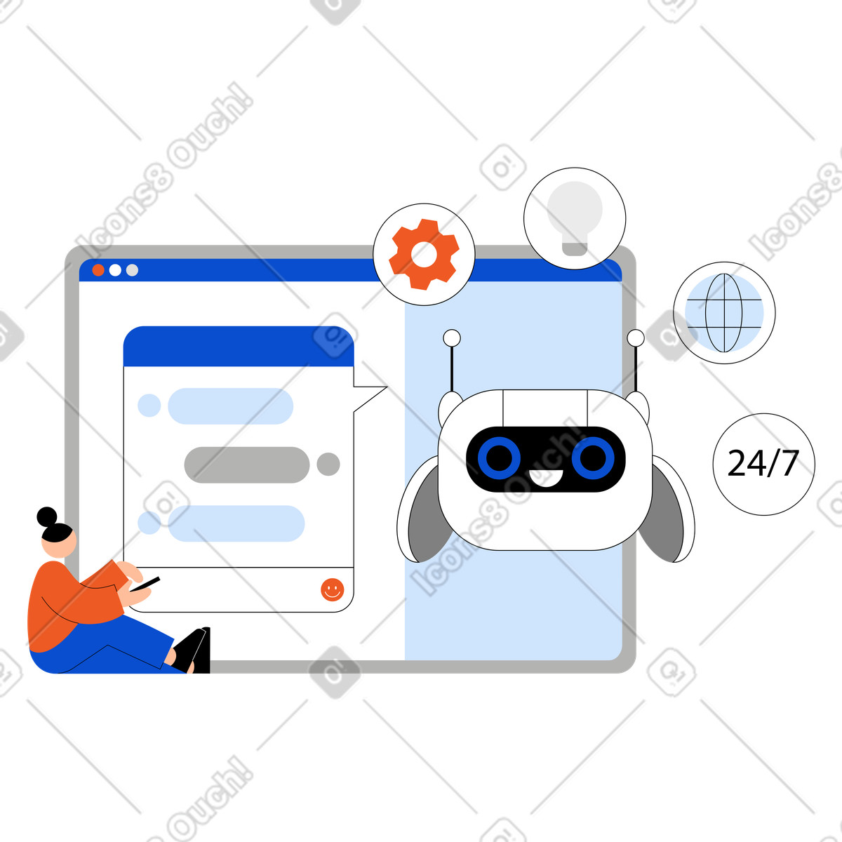 Young woman talking to a support chatbot illustration in Tiny style download in PNG, SVG