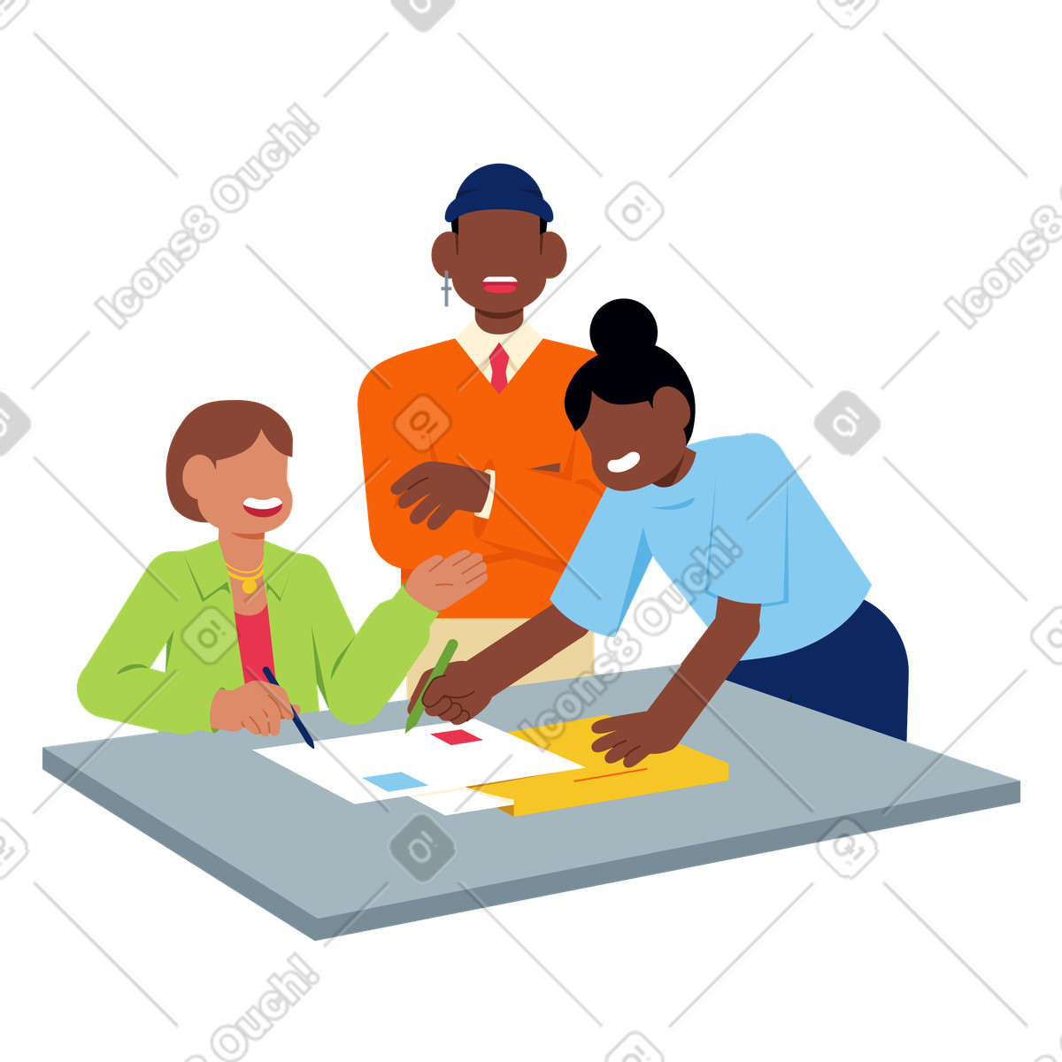 Illustration Collègues collaborant à table, travail d'équipe et projet de groupe dans le style Catchy télécharger aux formats PNG, SVG