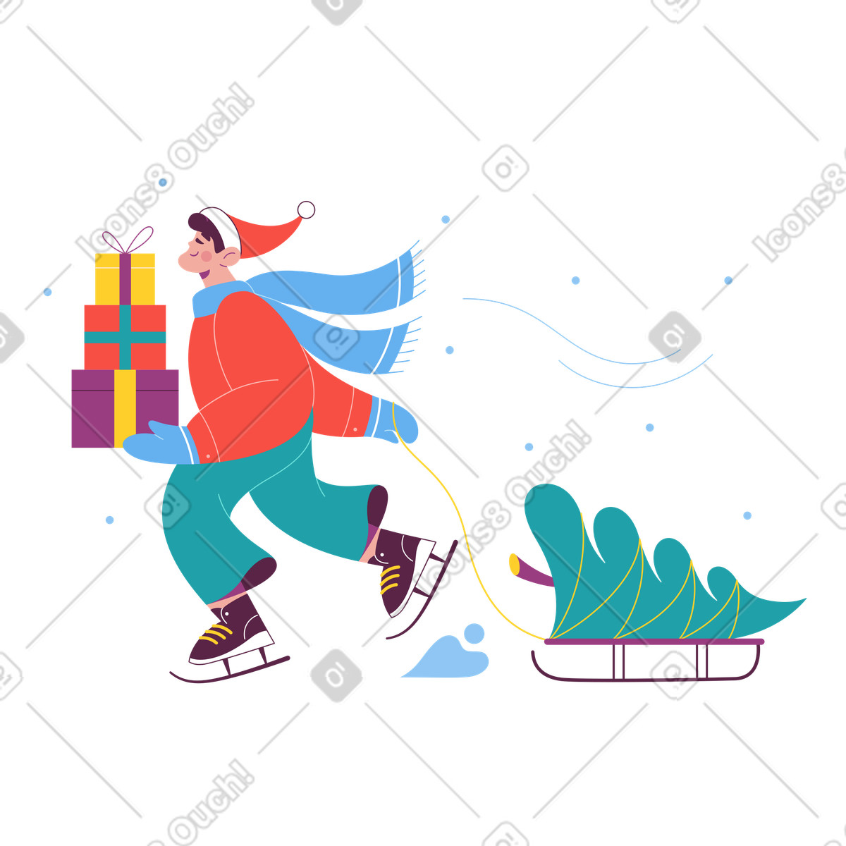 Sammy スタイルの クリスマスプレゼントを配るアイススケートの男 のイラストをPNG、SVG形式でダウンロード