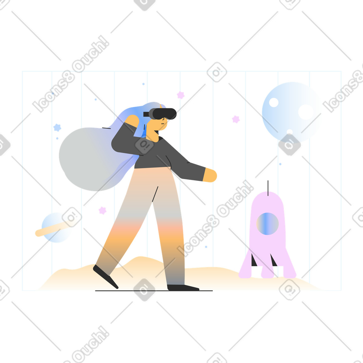 Иллюстрация Женщина в vr-гарнитуре исследует космос на ракете стиле Marginalia — скачать форматах PNG, SVG