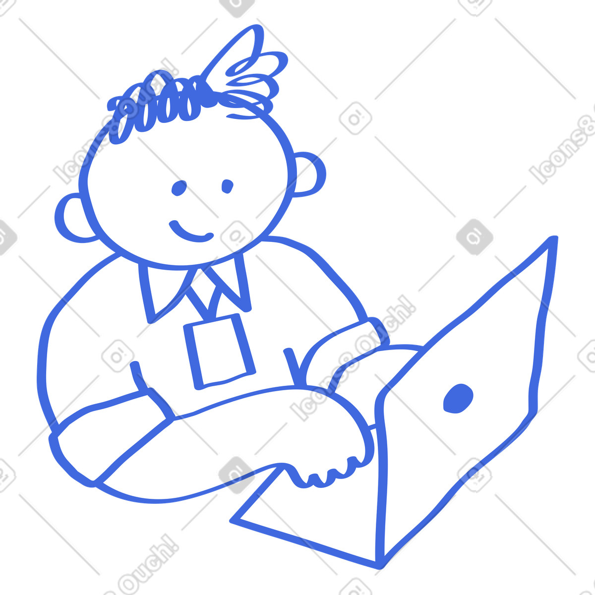 Illustration Laptop user working remotely with id badge and smiling face dans le style Ballpoint Pen à télécharger aux formats PNG, SVG