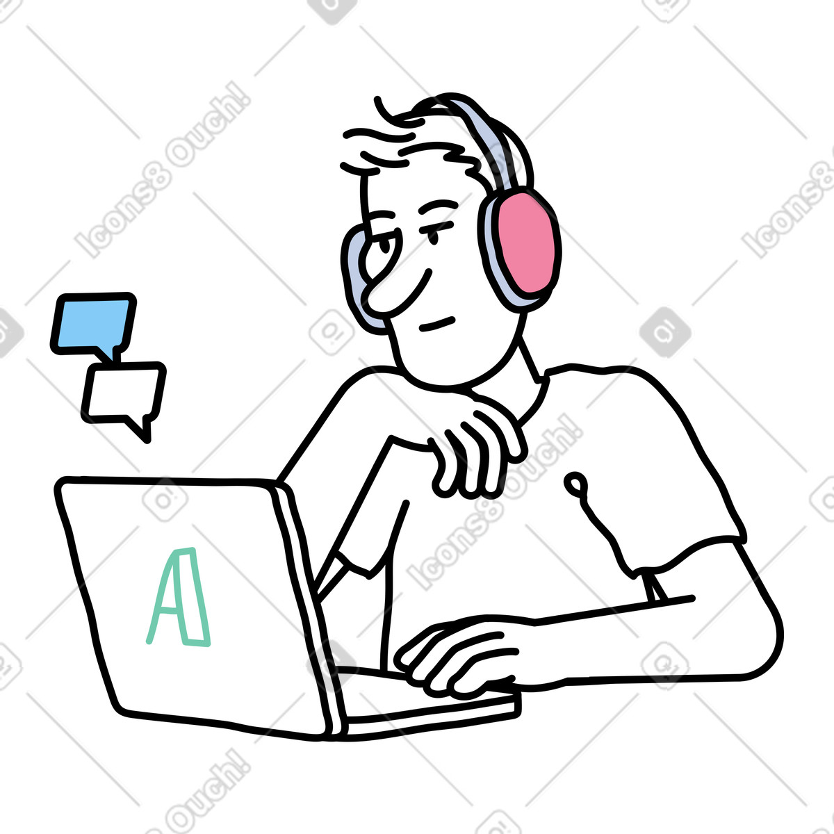 Man working at a laptop illustration in Notes style download in PNG, SVG