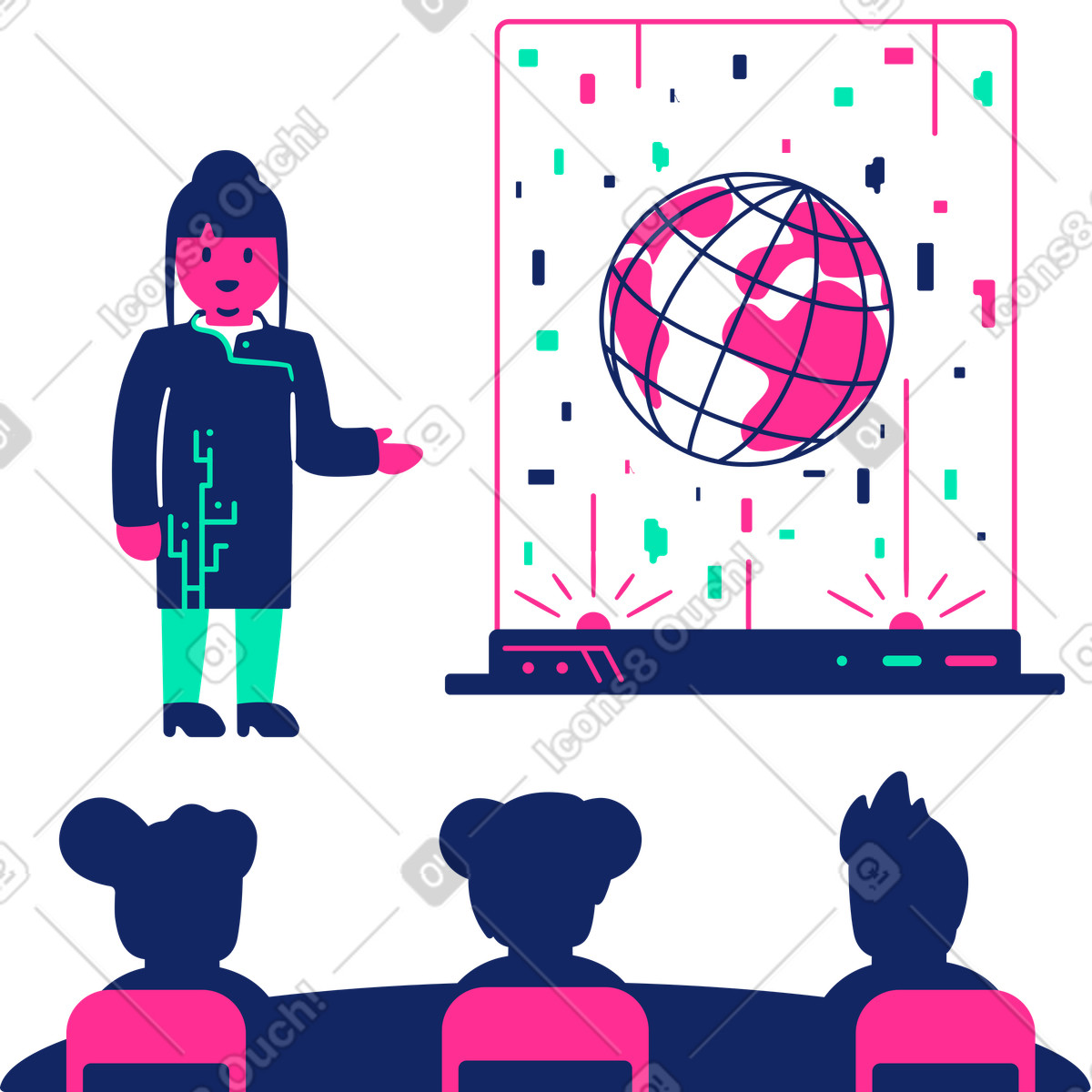 Donna che fa una presentazione utilizzando l'ologramma illustrazione in stile Cyborg scarica in PNG, SVG