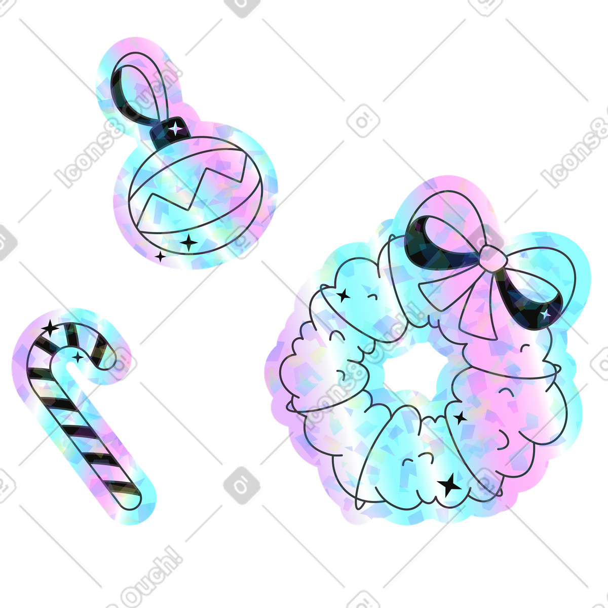 Illustration Couronne de noël avec une canne à sucre et un ornement dans le style Holostickers télécharger aux formats PNG, SVG