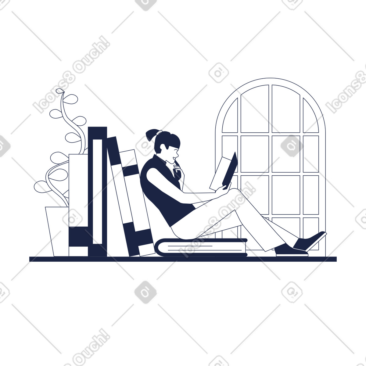 Urban Line スタイルの Book enthusiast seated among books and reading, Home study or personal growth のイラストをPNG、SVG形式でダウンロード