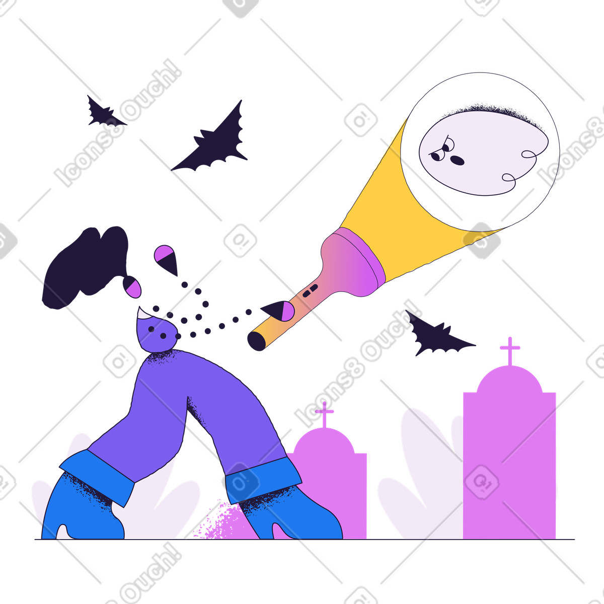 Conifer スタイルの 墓地で女性を怖がらせるハロウィーンの幽霊 のイラストをPNG、SVG形式でダウンロード