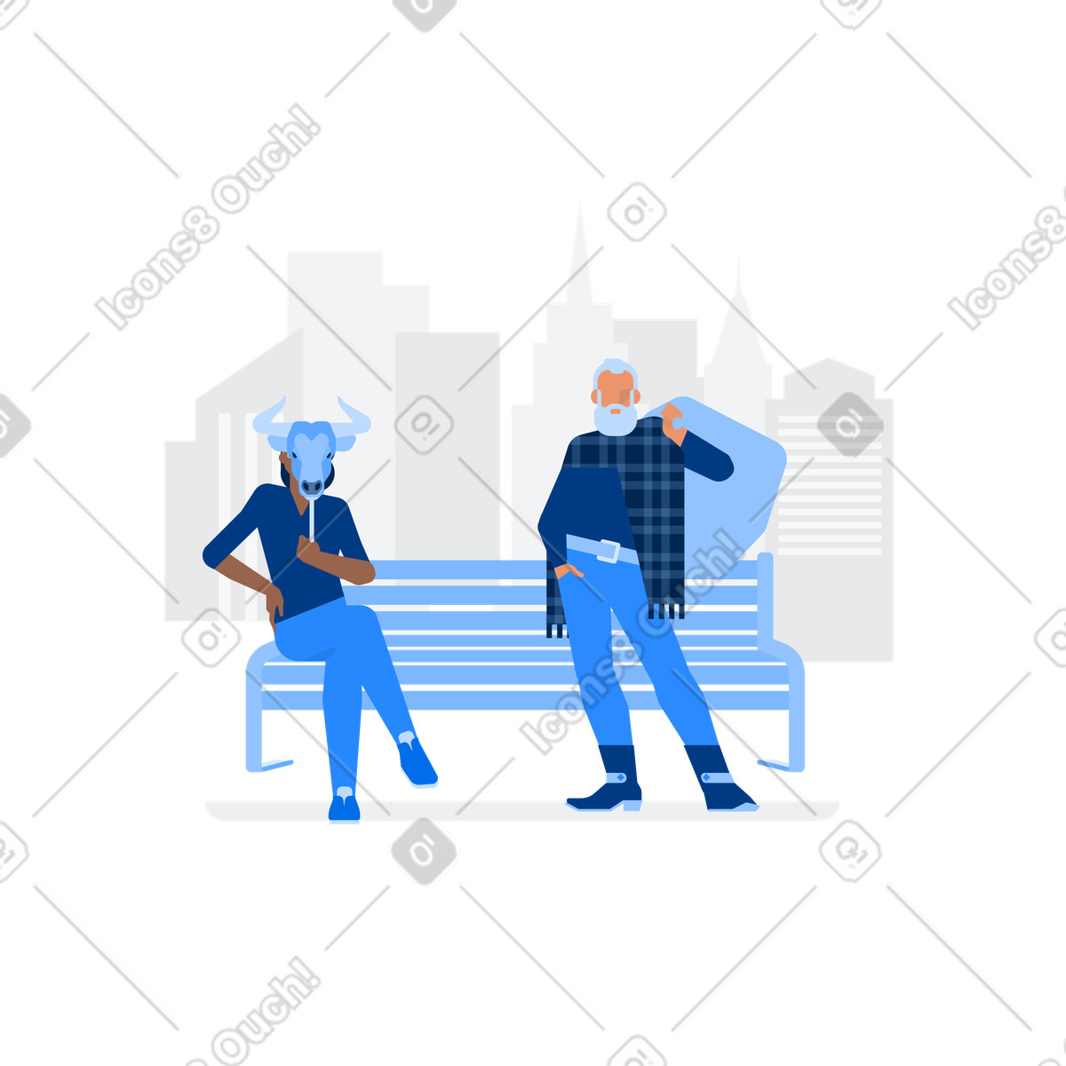 Couple in cityscape with bull mask, Social gathering or New Year preparation illustrazione stile Urban scarica PNG, SVG