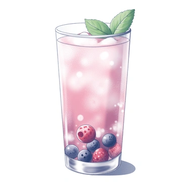 A clear glass filled with a refreshing summer beverage. The drink is made with muddled berries, showcasing small pieces of raspberries, blueberries, and strawberries at the bottom. Sparkling water creates a bubbly effect throughout the drink. The glass is garnished with a fresh mint leaf perched on the rim. Sunlight casts delicate shadows on the surface below, enhancing the vibrant texture of the beverage.