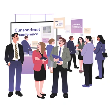 A digital flat illustration depicting a busy conference scene with several business professionals networking. In the foreground, a group of three individuals is engaged in conversation. One man has light skin and short black hair, wearing a navy suit with a striped tie. A woman beside him has medium skin and shoulder-length brown hair, dressed in a red blazer and black skirt. The third professional, a woman with dark skin and curly hair, is wearing a gray suit with a white blouse; she is holding a tablet. 

In the background, there are additional attendees mingling and exchanging business cards. Banners displaying the conference title "Customer Engagement Conference" are hung from the ceiling. A table with brochures and refreshments is positioned to one side, while a large screen displays keynotes and visuals related to customer engagement strategies. The overall atmosphere is lively and professional, capturing the essence of networking at a conference.