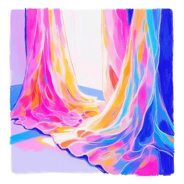 A collection of three-dimensional fashion drapes is displayed in a gallery. The drapes appear to be made from ethereal layers of colored light, creating a mesmerizing effect. Each drape flows gracefully, with vibrant hues blending seamlessly into one another. The fabric cascades elegantly, showcasing intricate patterns that shift and change as light hits them. The drapes are suspended in mid-air, surrounded by a soft glow, enhancing their luminous quality. The background is neutral, allowing the colorful light to stand out prominently.