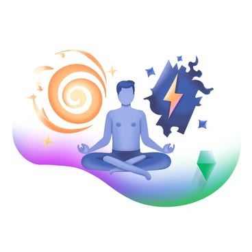 A person sitting cross-legged in a meditative pose. On one side of the person, there are swirling rays of light in warm colors representing "positive energy," with gentle sparkles around it. On the other side, darker, jagged shapes and shades represent "negative energy," contrasting sharply with the positive side. The person is centered and calm, and the background features soft waves blending the two energies, creating a harmonious balance between them.