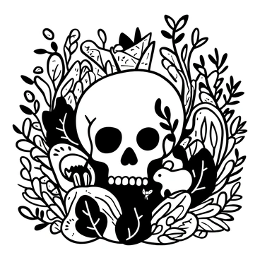A detailed skull positioned at the center of the image, surrounded by an abundance of lush greenery. Vines and ferns intertwine around the skull, creating a natural frame. Small forest animals, such as a squirrel and a rabbit, are nestled among the plants, with a few birds perched nearby. The scene conveys a sense of nature reclaiming the object, with various textures of leaves and fur in the surroundings.