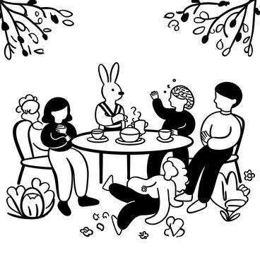 A beautifully arranged tea table is set in the middle of a garden filled with various flowers. The table is adorned with an assortment of teacups and a teapot, with steam rising from the hot tea. Around the table, several children are gathered, some sitting on the grass and others on small chairs. A rabbit wearing a small vest is seated next to a young girl, holding a teacup with its paws. A hedgehog in a tiny hat is chatting with a boy while nibbling on a biscuit. Nearby, a squirrel is perched on the table, curiously peering at the treats. Sunlight filters through the leaves, casting gentle shadows on the scene, creating a joyful atmosphere.