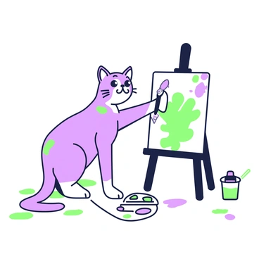 A cat with sleek fur and bright eyes is standing on its hind legs, gripping a paintbrush in its front paw. The cat is positioned in front of an easel that holds a blank canvas. The canvas has vibrant splotches of color evident, showcasing the cat's creativity. The floor around the cat is splattered with paint, indicating an active artistic session. Nearby, a palette filled with green and purple hues is resting on the ground, along with a few open paint tubes. The scene captures the concentration of the cat as it leans forward, poised to make another stroke on the canvas.