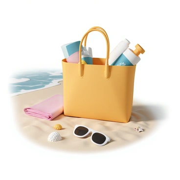 A large, colorful beach bag is placed open on a sandy shore. Inside the bag, there is a bottle of "sunscreen" with a bright label and a beach towel, folded neatly in vibrant colors. Next to the bag, a pair of stylish "sunglasses" rests on the sand, reflecting the sunlight. The sandy beach stretches out in the background, with gentle waves lapping at the shore. A few seashells are scattered around, adding to the beach setting.