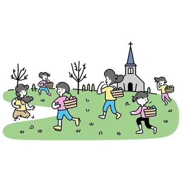 A group of children are scattered across a green lawn, searching for hidden Easter eggs. Some children are crouched down, peering behind bushes, while others are running with excitement. Each child is carrying a woven basket, filled with a variety of colorful eggs in shades of pink, blue, yellow, and green. The church building is visible in the background, with its stone façade and tall steeple. A few trees with budding leaves frame the scene, providing a sense of spring. The children are wearing bright, playful clothing, adding more color to the scene.