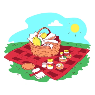 A red checked blanket is spread out on vibrant green grass under a bright blue sky. On the blanket, there is a wicker basket overflowing with a variety of food items, including a few sandwiches wrapped in white paper, a bright yellow melon, and small jars with colorful salads. Nearby, there are a couple of orange plates and napkins neatly arranged. A cheerful yellow sun casts warm light over the scene, creating a lively atmosphere for the picnic.