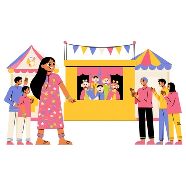 A Bengali girl with long black hair, wearing a colorful traditional dress with vibrant patterns, is standing in front of a small stage. She has a bright smile on her face, her eyes wide with excitement as she watches the puppet show. The stage is adorned with colorful decorations, and puppets of various shapes and sizes are animatedly performing. Around her, people are gathered, some clapping and others laughing, adding to the lively atmosphere of the village fair. In the background, there are stalls selling sweets and toys, creating a festive scene.