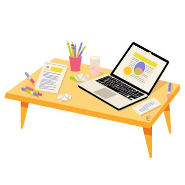 A cluttered wooden desk filled with various sketches scattered across the surface. Several colored pencils and markers are disorganized around the sketches, some lying horizontally while others stand upright in a small cup. A sleek laptop is open on the desk, displaying a colorful illustration in progress on its screen. A few crumpled papers are tucked beside the laptop, and a warm light from a nearby desk lamp illuminates the scene, casting gentle shadows around the workspace.