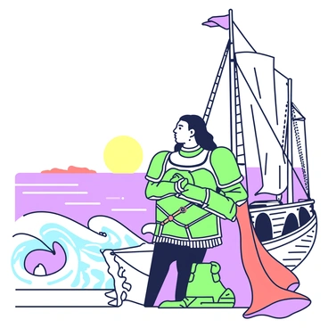 Boromir is standing on the deck of a wooden ship, gazing out at the open sea. He is wearing a detailed suit of armor with a flowing red cape that flutters in the wind. The ship is equipped with tall masts and billowing sails, each catching the breeze. Waves crash gently against the hull of the ship, sending up small splashes of water. The horizon stretches out before Boromir, with the sun beginning to set, casting a warm glow across the ocean surface. His expression is thoughtful, as he stands with his arms crossed in front of him, contemplating the vastness of the sea.