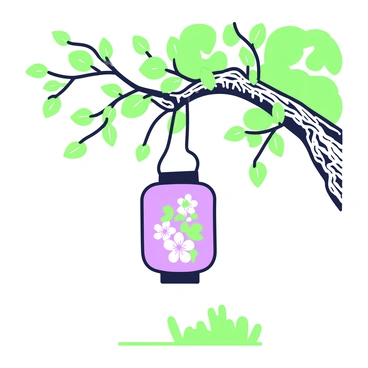 A paper lantern is hanging from a tree branch, swaying gently in the breeze. The lantern features intricate apple blossom designs, depicting delicate flowers and leaves. The branch is sturdy and textured, adorned with green foliage that surrounds the lantern. Sunlight filters through the leaves, casting dappled shadows on the lantern and the ground below.