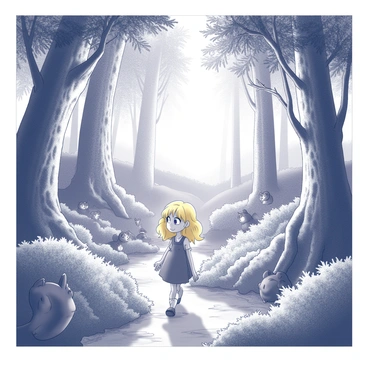 A young girl with golden hair is walking through a dense, enchanted forest. She is wearing a simple dress and has a curious expression on her face. Surrounding her are tall, ancient trees with intricate bark patterns and lush foliage, creating a canopy overhead. Various woodland creatures peek out from behind the trees and bushes, intrigued by her presence. Sunlight filters through the leaves, casting dappled shadows on the forest floor. In the distance, a sparkling stream can be seen, winding its way through the verdant undergrowth. Goldilocks is moving forward, her eyes wide with wonder and excitement.