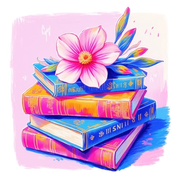A pink flower with delicate petals is resting on top of a stack of vintage books. The flower is vibrant and fresh, contrasting beautifully with the weathered and textured covers of the books below. The books are of various sizes and colors, featuring ornate titles and faded designs. The background is softly blurred to emphasize the flower and the intricate details of the book spines.