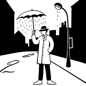 A detective wearing a trench coat and a fedora stands under an opened umbrella at a street corner. Raindrops are cascading down from the umbrella, creating a pattern as they hit the ground. The street is slick and shiny from the rain, with puddles forming along the edges. Streetlights cast beams of light that reflect in the water, adding to the atmosphere. Shadows of nearby buildings loom in the background, partially obscured by the mist of the rain.