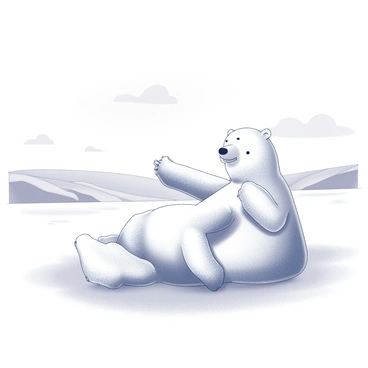 Two polar bears are engaging playfully in a snowy landscape. One bear is rolling on its back with its paws in the air, while the other is playfully nudging it with its nose. The snow is freshly fallen, covering the ground in a thick layer, creating a soft and fluffy texture. Above them, the sky is clear, with only a few wispy clouds scattered. In the background, distant snow-covered hills can be seen, creating a serene and expansive environment for the playful bears.