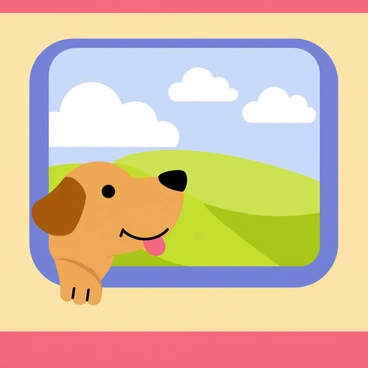 A brown dog with floppy ears is enjoying a scenic train ride. Its head is out the window, with its tongue hanging out and fur blowing in the wind. The background features rolling green hills and blue skies, with fluffy white clouds scattered throughout. The train window is open, allowing a gentle breeze to flow through. The dog looks happy and carefree with a vibrant landscape unfolding behind it.