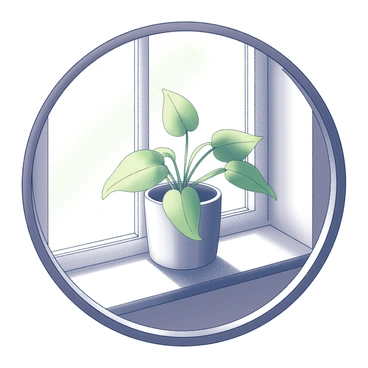 A round frame showcasing a potted plant. The plant sits prominently on a windowsill, receiving sunlight that streams through the window. The pot is simple in design, complementing the green leaves of the plant. The windowsill is plain, with light streaming in, creating a bright and inviting atmosphere. The frame encircles the scene, drawing attention to the plant and the natural light surrounding it.