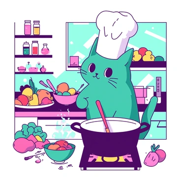 A teal cat wearing a white chef's hat is standing on its hind legs in a vibrant kitchen. The cat is diligently stirring a large pot that is resting on the stove, with steam rising from it. The kitchen is filled with various cooking utensils, colorful ingredients, and a bright array of fruits and vegetables on the countertops. In the background, there are shelves stocked with jars and spices, adding to the lively atmosphere of the busy kitchen. The cat's eyes are focused on the pot, showcasing its determination and enthusiasm for cooking.