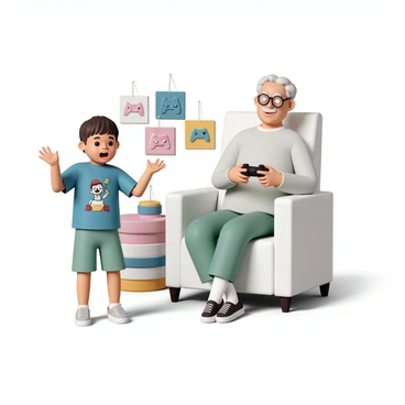 A young child, wearing a blue t-shirt with a cartoon character and green shorts, stands excitedly in front of an elderly grandparent. The grandparent, dressed in a light gray sweater and glasses, sits on a comfortable armchair with a surprised expression. The child gestures animatedly with one hand, holding a video game controller in the other. A colorful background featuring gaming posters and a console setup is visible, adding to the lively atmosphere of the scene.
