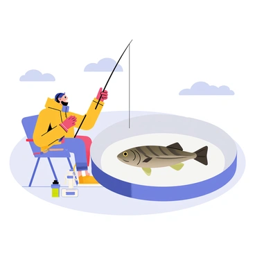 An angler sitting on a colorful blue and red ice fishing chair next to a circular ice hole on a frozen lake. The lake is covered with a thick layer of white snow, and the sky is a bright blue with a few fluffy clouds. Beneath the clear ice, a large walleye with dark stripes is visible, swimming just below the surface. The angler is bundled up in a yellow jacket and red gloves, holding a fishing rod, looking intently at the ice hole. A thermos and a small tackle box are placed beside the chair, completing the scene.