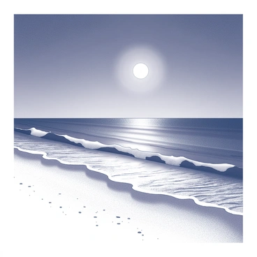 A vast sea stretches under a clear night sky. The moon hangs low, casting its light across the water's surface, creating a shimmering path. Gentle waves roll in, their crests captured in the moonlight as they lap against a sandy shore. The beach is empty, with soft grains of sand extending into the distance. The horizon is visible, where the sea meets the sky in a seamless blend.