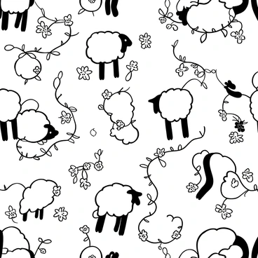 An antique wallpaper pattern with intricate repeating motifs of "sheep" grazing among "floral vines" that twist and curl elegantly. The sheep are depicted in various poses, some standing and others lying down, surrounded by delicate blossoms and leaves. The floral vines weave throughout the design, creating a harmonious flow that connects the sheep motifs. The overall composition forms a rich tapestry, with the sheep and vines intertwining seamlessly across the surface.