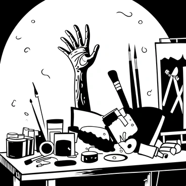 A zombie hand with decaying skin and elongated fingers reaching upwards, casting a distinct shadow on the textured wall of an artist's studio. Various art supplies are scattered across a wooden table, including paintbrushes, tubes of paint, and canvases in different stages of completion. The light source in the room creates dramatic contrasts, highlighting the eerie silhouette of the hand against the wall. Brushes are positioned as if they were dropped in haste, adding to the unsettling atmosphere. A canvas shows a partially completed painting of a dark, moody landscape nearby.