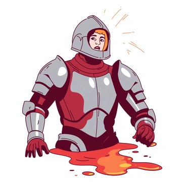 A metallic suit of armor is partially melted, with shiny drips of molten metal forming on the ground. Bright light shines down from above, illuminating the armor and creating reflections. Inside the suit, a figure is visible, their features becoming clearer as the armor distorts. The person's face shows an expression of surprise, framed by the remnants of the armor. The melting sections of the armor combine shades of red and orange, emphasizing the contrast with the shiny metallic surface.