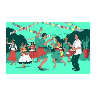 A teal mural depicts a lively cultural festival scene filled with various dancers and musicians. In the foreground, a group of dancers wearing colorful costumes is performing traditional moves, their arms raised and feet gracefully moving. Around them, musicians play instruments such as drums and flutes, their expressions joyful as they contribute to the festive atmosphere. The background is adorned with vibrant decorations, including banners and streamers, creating a sense of energy and excitement in the overall composition.