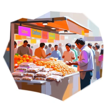 A bustling market stall filled with an array of packages of cashew nuts. The stall is made of rustic wooden panels and is adorned with colorful banners displaying the word "Cashews" in bold letters. Various packages in different sizes and designs are neatly arranged on the surface, showcasing the golden-brown cashew nuts within. Surrounding the stall, a diverse group of customers engage in conversation, some examining the products closely while others are in the midst of making a purchase. The background features other market stalls selling fruits and vegetables, creating a lively atmosphere.