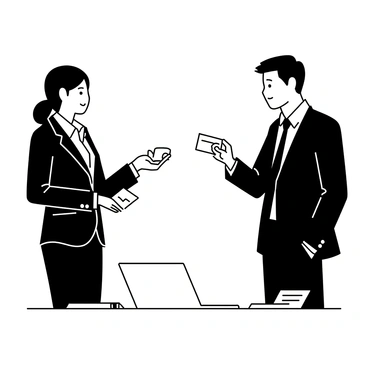 Two professionals are standing across from each other in an office setting. One man is wearing a tailored dark suit with a light-colored shirt and a tie, holding a business card in his right hand. He has short, neatly styled hair and is looking attentively at the woman. The woman is dressed in a smart, fitted blazer with a blouse underneath. She is also holding a business card in her left hand, while her right hand is gesturing as she discusses a contact form. A table with a laptop and some documents is visible in the background.