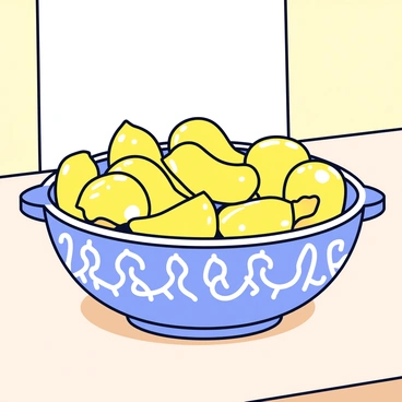 A decorative bowl with a smooth, glossy finish, featuring intricate patterns on its surface. The bowl is filled with shiny, golden roasted cashew nuts that have a slightly uneven shape. The kitchen counter has a light wooden texture, adding warmth to the scene. Soft, natural lighting highlights the bowl and the cashew nuts, creating a welcoming atmosphere.