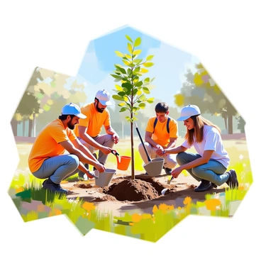 A group of diverse volunteers, including men and women of various ages, are actively planting young trees in a local park. Some volunteers are kneeling in the soil, carefully placing saplings in freshly dug holes, while others stand nearby, holding tools such as shovels and watering cans. A few children are joyfully assisting, using small spades to help with the planting process. The park features green grass, scattered wildflowers, and a clear blue sky above. There are several trees already planted in the background, indicating the progress of their initiative. The atmosphere is lively and collaborative, showcasing community spirit and environmental stewardship.