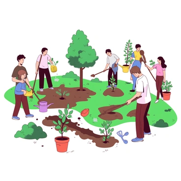A group of people of various ages is actively planting young trees in a community park. In the foreground, a child is holding a small green sapling, while an elderly person is digging a hole in the earth nearby with a brown shovel. Several teenagers are carrying pots of young trees to different locations in the park. There are colorful gardening tools scattered around, and a few people are watering the newly planted trees with bright watering cans. The park is filled with patches of green grass and small flower beds surrounding the areas where the trees are being planted.