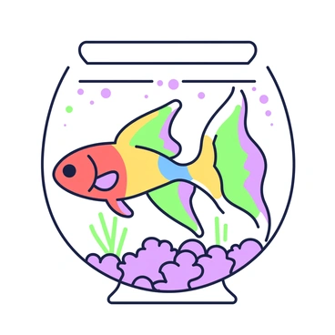 A betta fish with flowing fins is swimming gracefully in a clear bowl. Its body is sleek and elongated, showcasing a vibrant display of colors that resemble a painter's color wheel. The fish has a bright red section near its head, transitioning into a vivid orange midsection, and continues with shades of yellow, green, blue, and purple towards the tail. The fins are elongated and wavy, creating fluid movements as they catch the light. The bowl is filled with small pebbles at the bottom and a few aquatic plants swaying gently in the water.