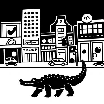A crocodile walking along a city street at night. The crocodile has textured skin and is positioned in the foreground. Surrounding the crocodile are tall buildings with bright neon signs displaying various advertisements. The cityscape features bustling storefronts with illuminated windows and shadows cast across the pavement. The scene includes a few scattered parked cars and a street lamp casting light onto the sidewalk.