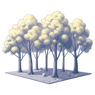 A forest scene depicting numerous trees with abundant foliage. The trees are tall, their trunks sturdy and textured. The ground is covered with a carpet of fallen leaves, while the branches above show a variety of leaves in shades of yellow and brown, creating a rich, layered effect. The forest floor has scattered stones and patches of grass, and the overall composition fills a rectangular space, measuring 10 by 15 units.