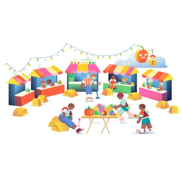 A lively harvest festival scene is depicted with multiple colorful stalls arranged in a semi-circle. Each stall is adorned with bright banners and twinkling string lights. Hay bales are scattered around the area, creating cozy seating spots for attendees. In the foreground, a table is filled with fresh produce including pumpkins, apples, and corn. Children are seen playing nearby, enjoying various activities. In the background, large colorful inflatable decorations like pumpkins and scarecrows are set up, adding to the festive atmosphere.